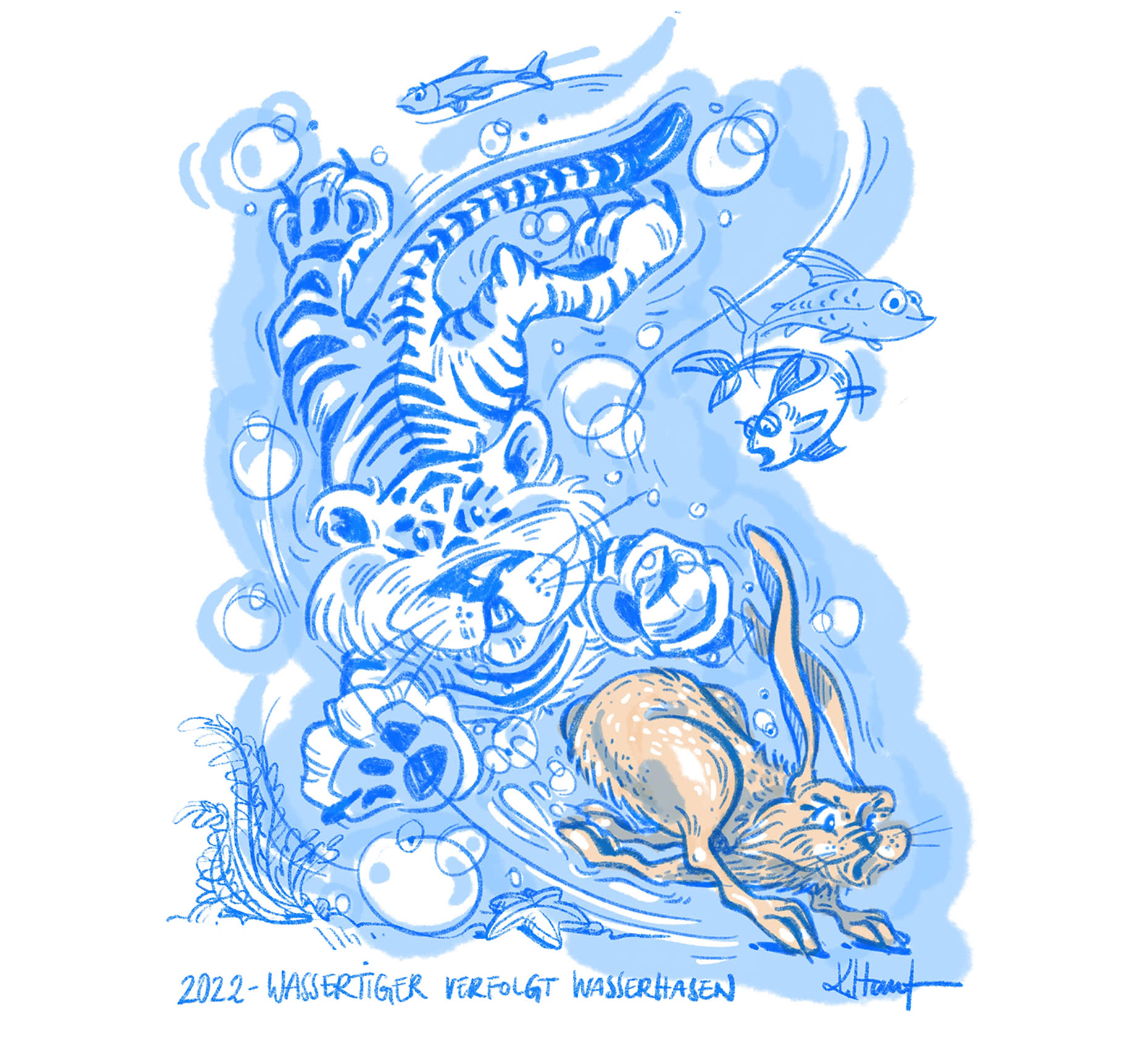 Farbskizze aus dem Skizzenbuch JOURNAL: Wassertiger verfolgt Wasserhasen