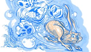 Skizze aus dem Skizzenbuch JOURNAL: Wassertiger verfolgt Wasserhasen