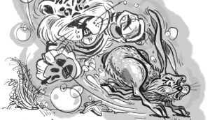Skizze aus dem Skizzenbuch JOURNAL: Wassertiger verfolgt Wasserhasen